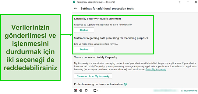 Kişisel veri toplamayı devre dışı bırakmak için Kaspersky masaüstü seçeneklerinin ekran görüntüsü.