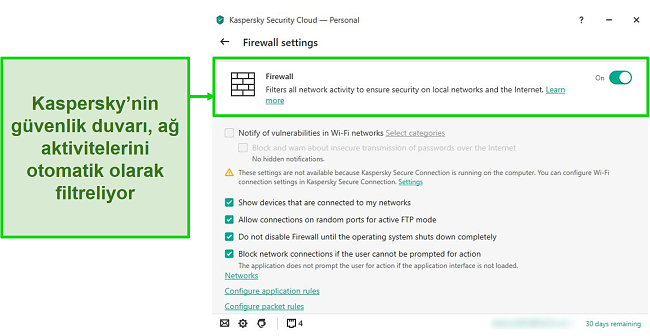 Kurallarını ve filtrelerini özelleştirmenize olanak tanıyan Kaspersky masaüstü güvenlik duvarı ayarlarının ekran görüntüsü.