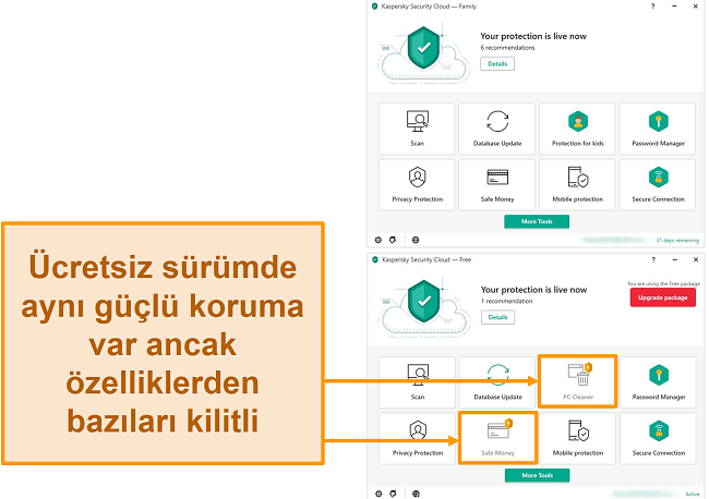 Kaspersky Security Cloud Free masaüstü ekran görüntüsü, premium bir sürüme göre kilitli özellikleri gösterir.