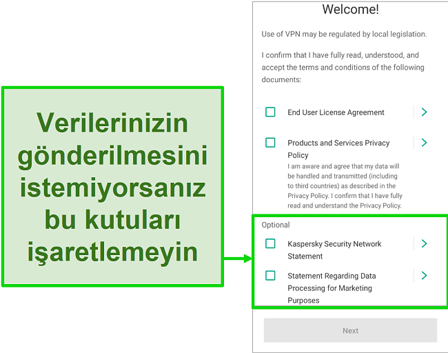 Karşılama menüsünde veri toplamayı devre dışı bırakma ekranını gösteren Kaspersky Antivirus mobil uygulamasının ekran görüntüsü.