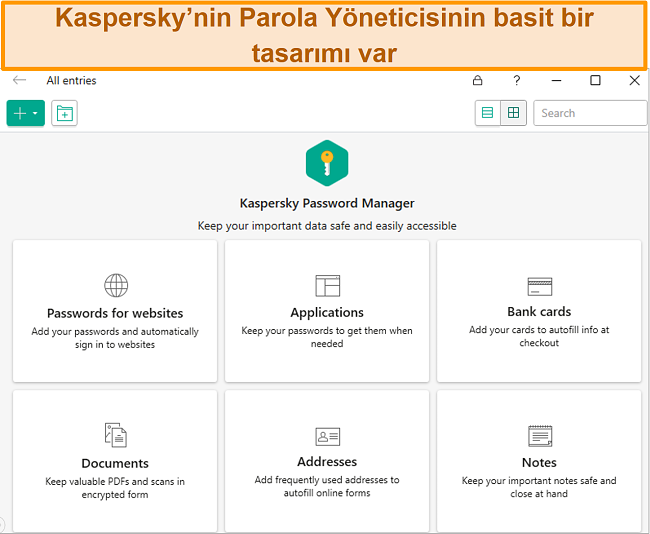 Parola, banka kartı, adres ve belge ekleme seçeneğiyle Kaspersky Password Manager uygulamasının ekran görüntüsü.