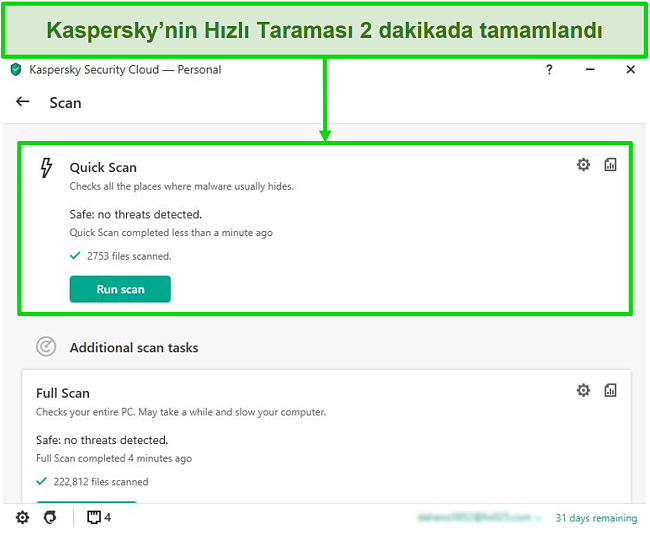 Kaspersky Antivirus masaüstü uygulamasının hızlı tarama sonucu ekranının ekran görüntüsü.