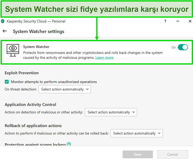 Fidye yazılımı korumasının özelleştirilmesine izin veren Kaspersky System Watcher ayarları ekranının ekran görüntüsü.