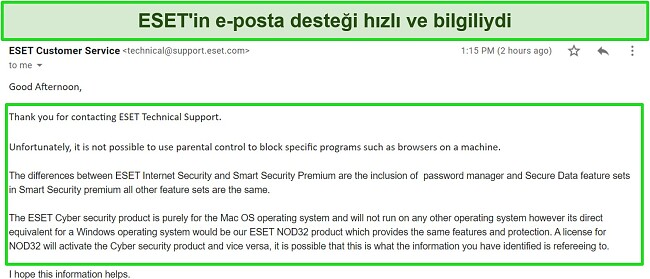 ESET'in e-posta destek yanıtının ekran görüntüsü