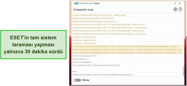 ESET'in tam sistem taramasının ekran görüntüsü