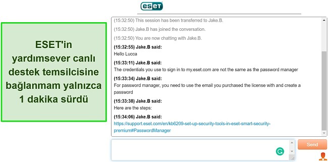 ESET'in canlı sohbetinin ekran görüntüsü