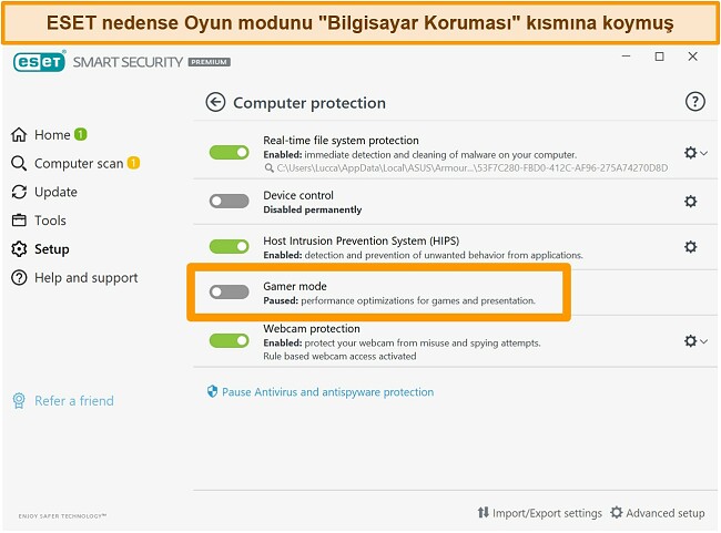 ESET'in masaüstü arayüzünün ekran görüntüsü