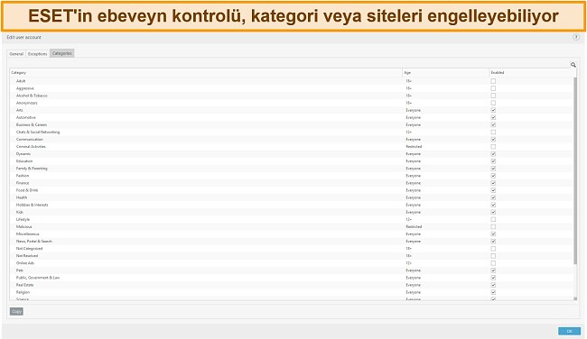 ESET'in ebeveyn kontrollerinin ekran görüntüsü