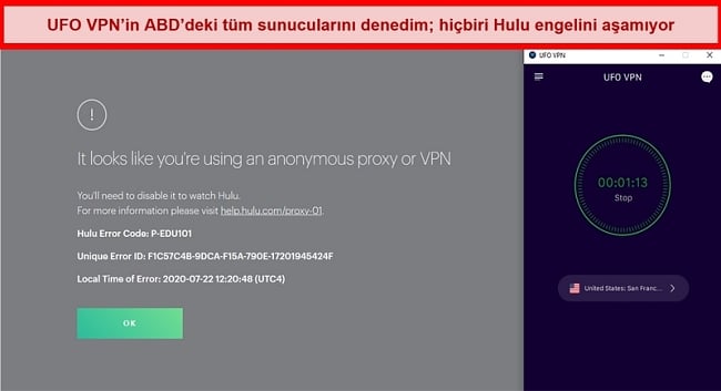 Hulu, UFO VPN'in San Francisco sunucusuna bağlıyken proxy hatasını gösteriyor