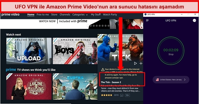 UFO VPN'in New Jersey sunucusuna bağlıyken Amazon Prime Video'nun proxy hatasının ekran görüntüsü