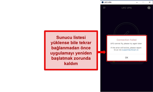 UFO VPN'in bağlantı hatasının ekran görüntüsü