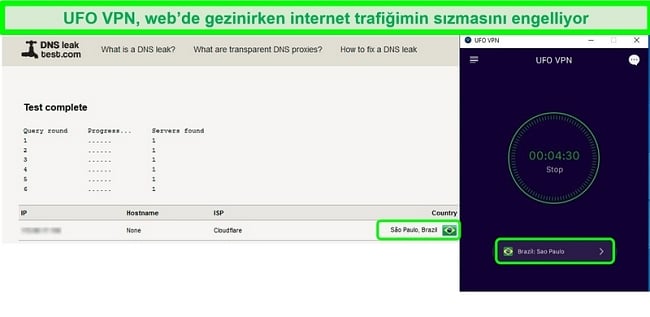 Brezilya'da bir UFO VPN sunucusuna bağlıyken başarılı bir DNS sızıntı testinin ekran görüntüsü