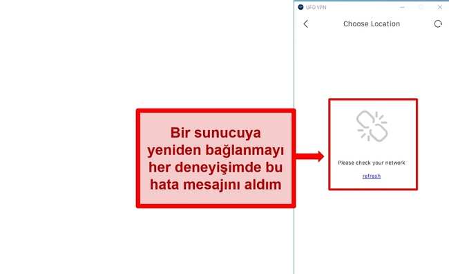 UFO VPN sunucu listesi hatasının ekran görüntüsü