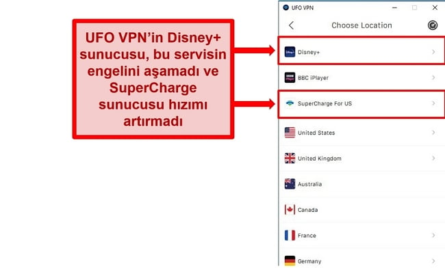 UFO VPN sunucu listesinin ekran görüntüsü