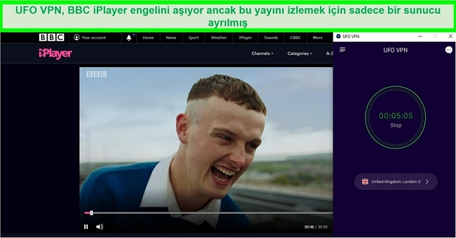 BBC iPlayer, UFO VPN Londra'daki BBC iPlayer yayın sunucusuna bağlıyken The Young Offenders yayını yapıyor