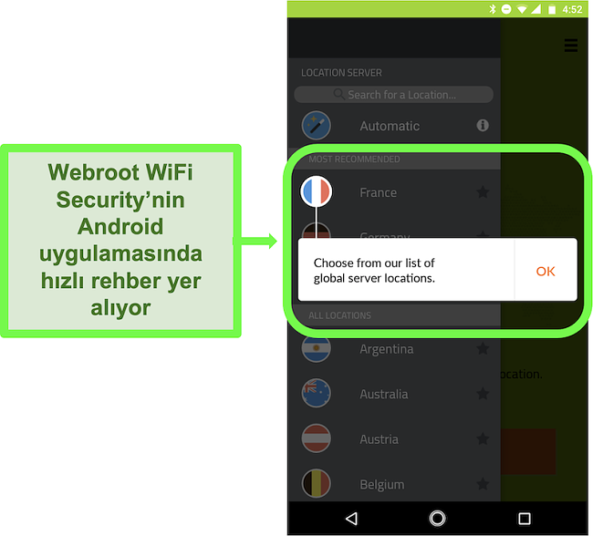 Kullanıcı eğitimi veren Webroot WiFi Security'nin Android uygulamasının ekran görüntüsü