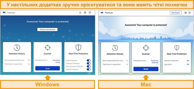 Знімок екрана вікон Malwarebytes та програм для робочого столу Mac