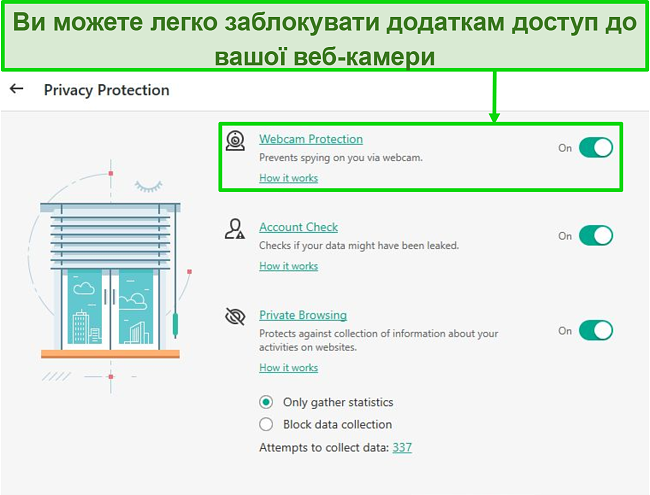 Знімок екрана параметрів захисту конфіденційності робочого столу Kaspersky