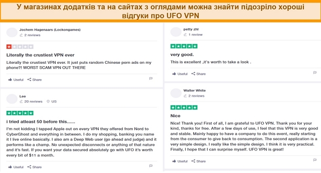 Знімок екрана оглядів UFO VPN на Trustpilot.com
