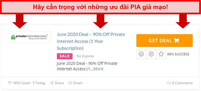 Ảnh chụp màn hình của thỏa thuận PIA giả giảm giá 90%