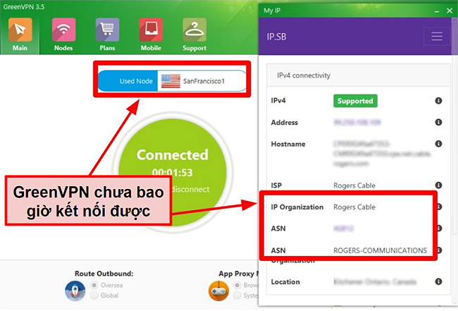 Ảnh chụp màn hình giao diện GreenVPN hiển thị các kết nối máy chủ và cài đặt IP