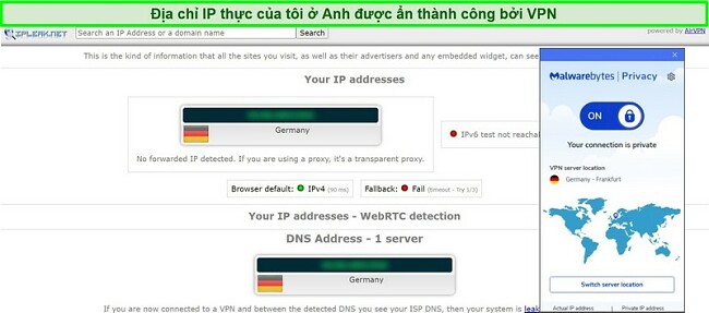 Ảnh chụp màn hình kiểm tra rò rỉ IP và DNS cho Malwarebytes Privacy VPN