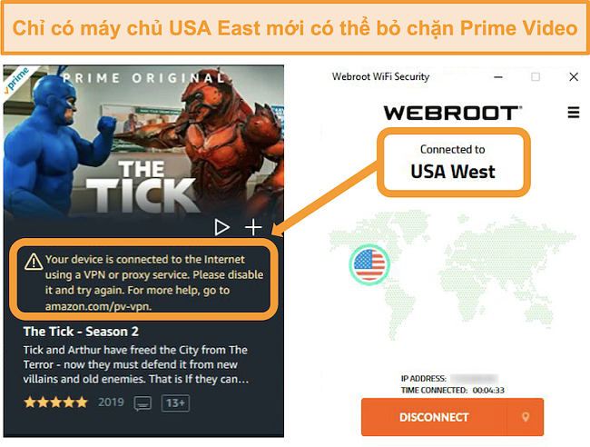Ảnh chụp màn hình về lỗi proxy của Amazon Prime Video khi được kết nối với máy chủ USA West của Webroot WiFi Security