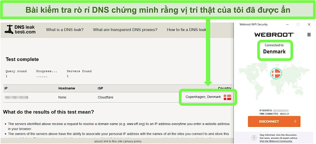 Ảnh chụp màn hình kiểm tra rò rỉ DNS thành công khi Webroot WiFi Security được kết nối với máy chủ ở Đan Mạch