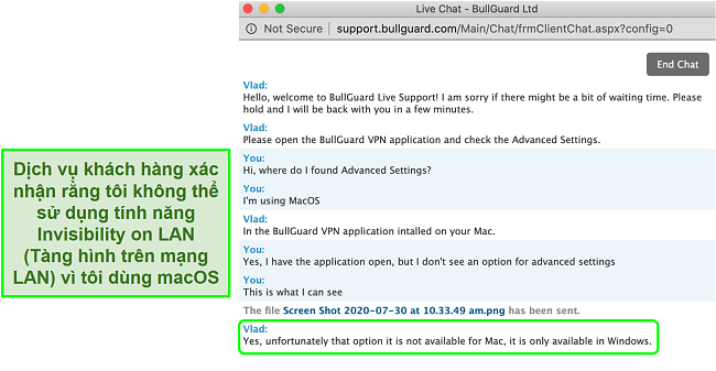 Ảnh chụp màn hình dịch vụ khách hàng của BullGuard VPN xác nhận Chế độ ẩn trên mạng LAN chỉ khả dụng trên Windows