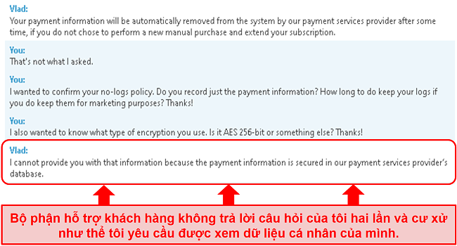 Ảnh chụp màn hình bộ phận hỗ trợ của BullGuard không trả lời câu hỏi của tôi về thông tin thanh toán, sau đó trả lời sai cho tôi