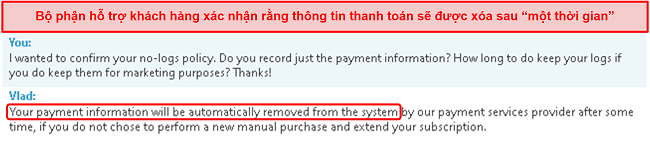 Ảnh chụp màn hình cuộc trò chuyện hỗ trợ khách hàng làm rõ rằng họ lưu trữ thông tin thanh toán và xóa thông tin đó sau 