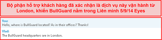 Ảnh chụp màn hình cuộc trò chuyện hỗ trợ khách hàng làm rõ hoạt động cơ sở của họ ở London