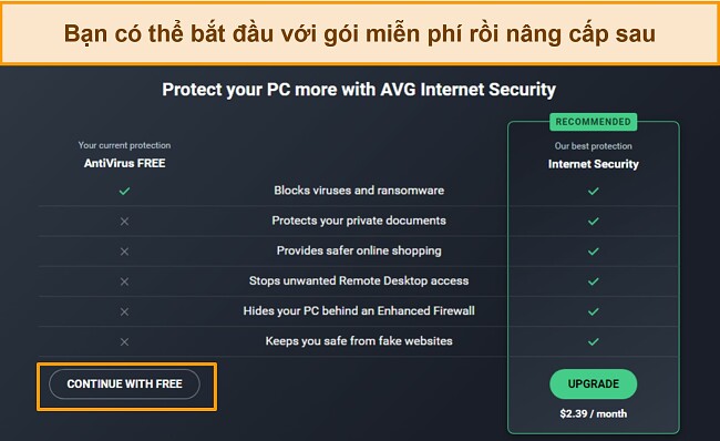 Ảnh chụp màn hình hiển thị các gói AVG