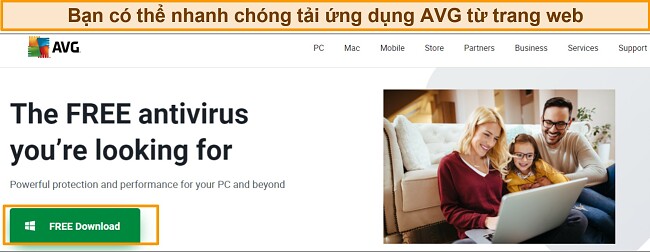 Ảnh chụp màn hình trang chủ AVG hiển thị nút tải xuống