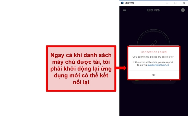 Ảnh chụp màn hình về lỗi kết nối của UFO VPN