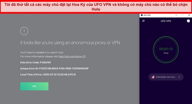 Hulu hiển thị lỗi proxy khi được kết nối với máy chủ San Francisco của UFO VPN