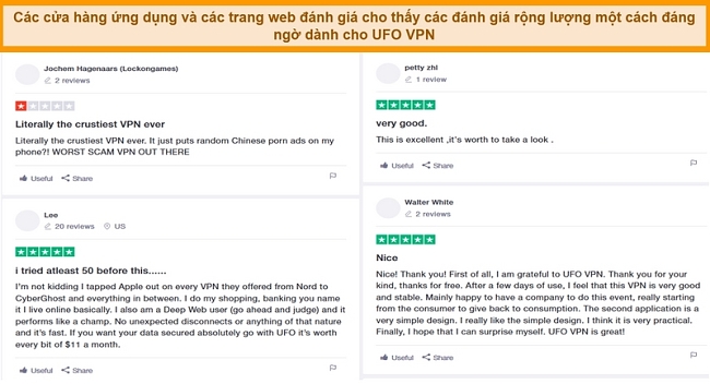 Screenshot of UFO VPN reviews on Trustpilot.com