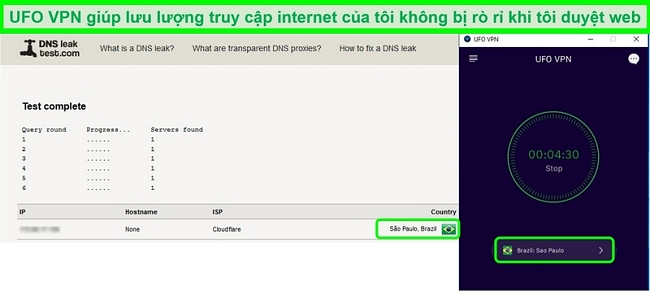 Ảnh chụp màn hình kiểm tra rò rỉ DNS thành công khi được kết nối với máy chủ UFO VPN ở Brazil