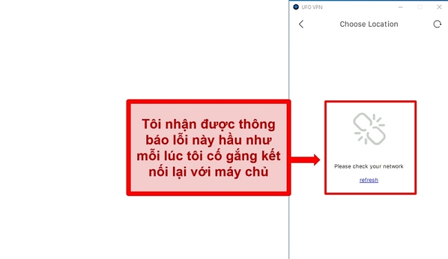 Ảnh chụp màn hình lỗi danh sách máy chủ của UFO VPN