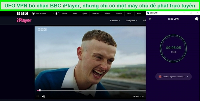 BBC iPlayer phát trực tuyến The Young Offenders trong khi UFO VPN được kết nối với máy chủ phát trực tuyến BBC iPlayer ở London