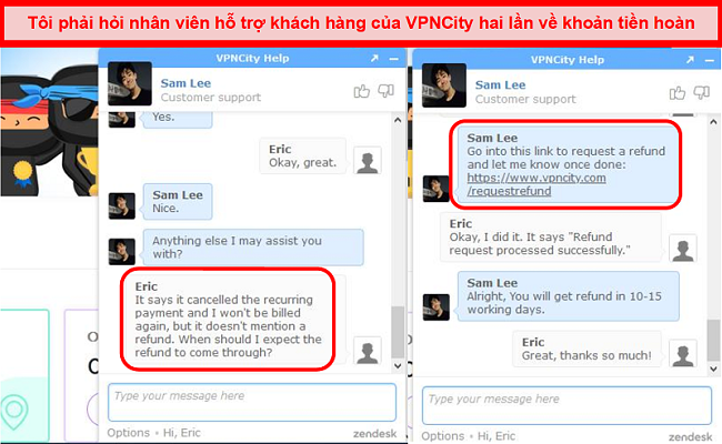 Ảnh chụp màn hình cuộc trò chuyện với VPNCity live chat hiển thị quy trình yêu cầu hoàn tiền