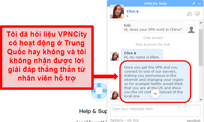 Ảnh chụp màn hình hỗ trợ trò chuyện trực tiếp của VPNCity.com