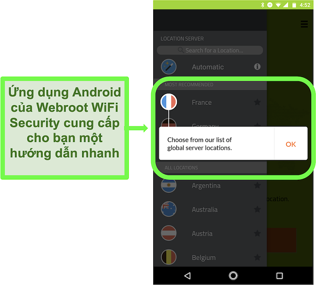 Ảnh chụp màn hình ứng dụng Android của Webroot WiFi Security đưa ra hướng dẫn người dùng
