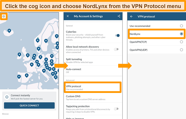 Screenshot of NordVPN app and VPN Protocol settings on Android