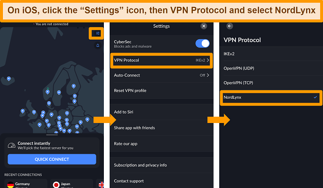 Screenshot of NordVPN iOS app and VPN Protocol settings