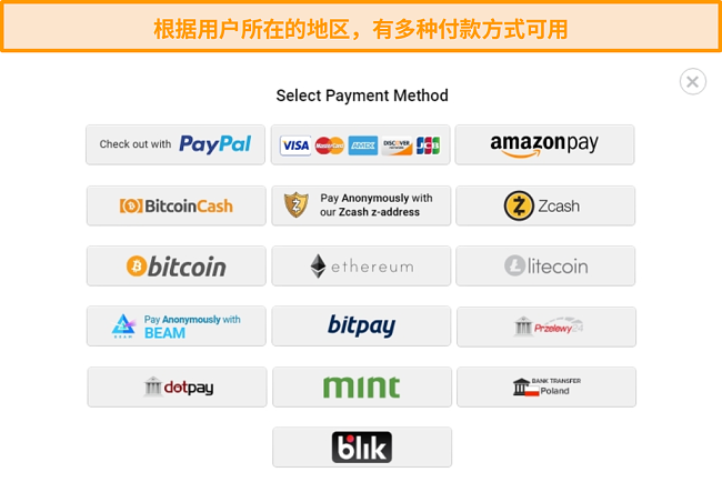 注册专用Internet访问时可能的付款方式的屏幕截图