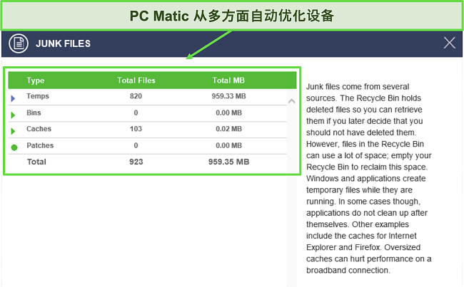 PC Matic 的扫描后优化信息的屏幕截图。