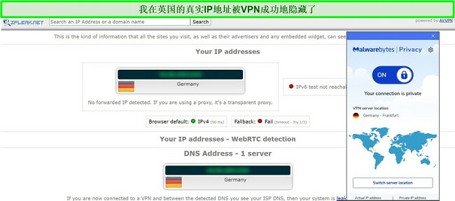 Malwarebytes Privacy VPN的IP和DNS泄漏测试的屏幕截图