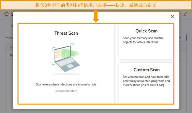 Malwarebytes病毒扫描选项的屏幕快照。