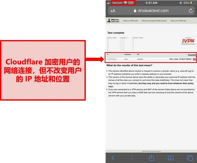 Cloudflare的WARP IP和DNS泄漏测试结果的屏幕截图-由于未替换用户的地址，因此未通过。